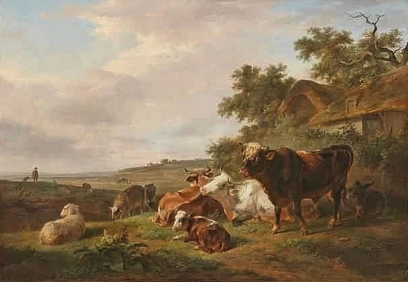 Balthasar Ommeganck - Bestiame e pastore con la sua mandria in una fattoria